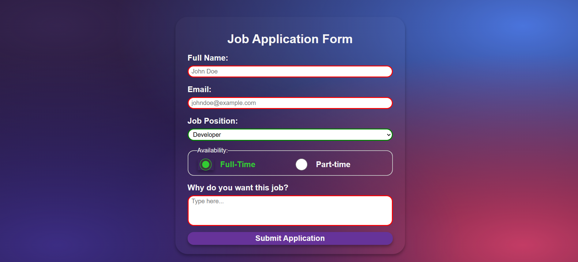 Screenshot of the job application form page.